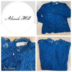Alannah Hill Dark Turquoise Lace Back Zip Long Sleeve Lace Blouse